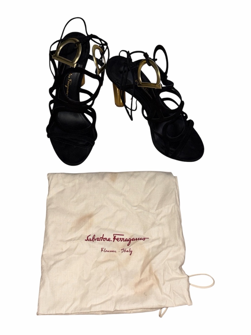 Salvatore Ferragamo Black Suede Strappy Sandals with Gold Heel